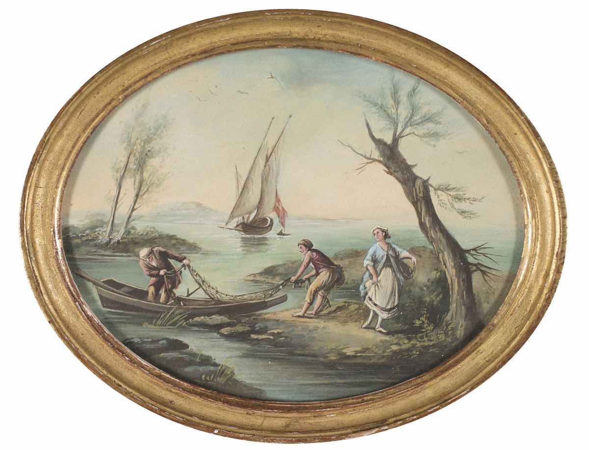 Scuola Veneta del XVIII Secolo - A) Pescatori sul Lago B) la Piegatura delle Reti
