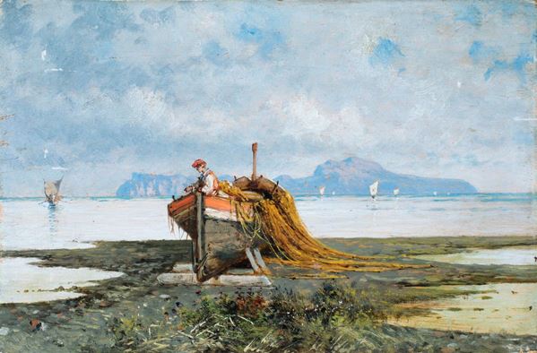 Pittore del XIX secolo - Barca in secca con Capri in lontananza