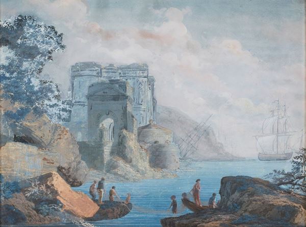 Pittore degli inizi del XIX secolo - Marina con ruderi e figure