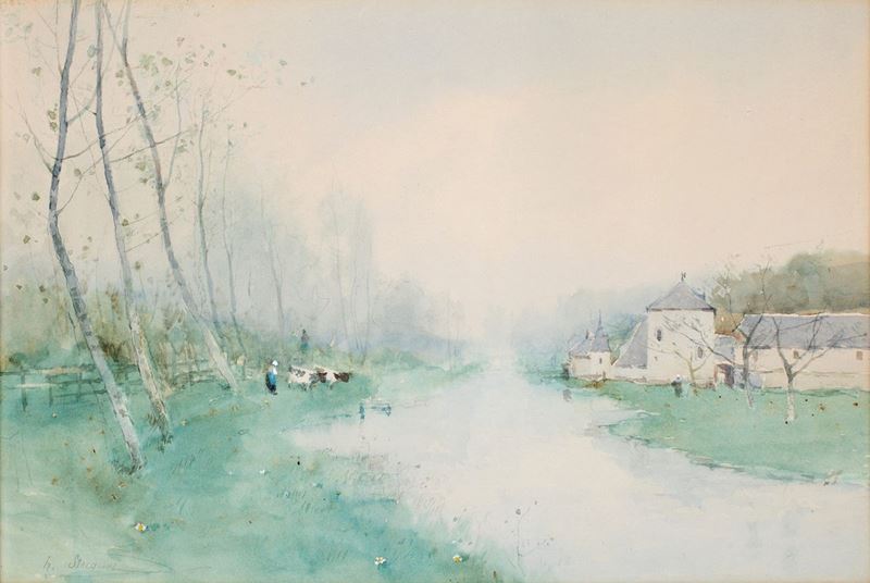 Henry Stacquet - Scorcio di Villaggio con Mucche al Pascolo