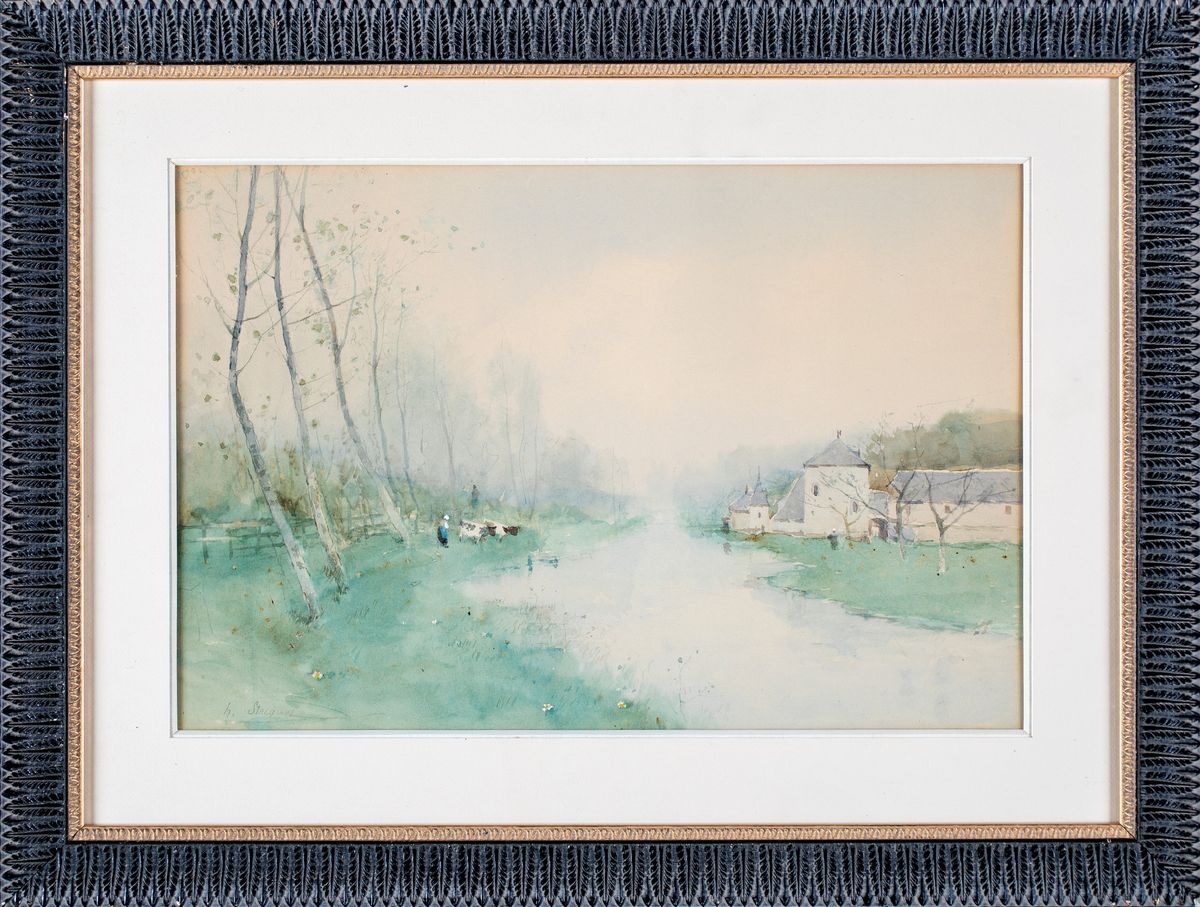 Henry Stacquet - Scorcio di Villaggio con Mucche al Pascolo