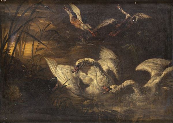 Abraham Danielsz Hondius (seguace) - Paesaggio fluviale con cigni attaccati da un cane