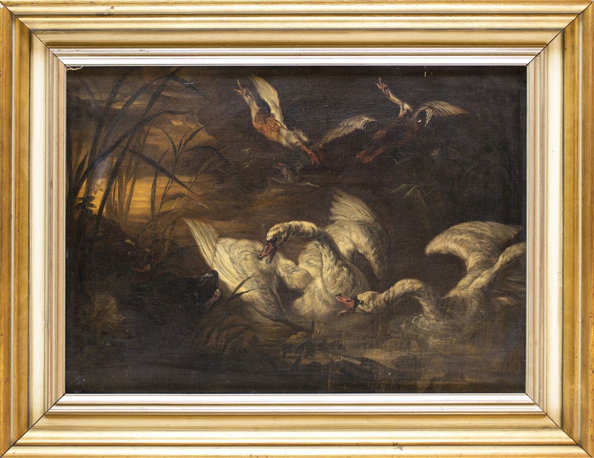 Abraham Danielsz Hondius (seguace) - Paesaggio Fluviale con Cigni Attaccati da un Cane