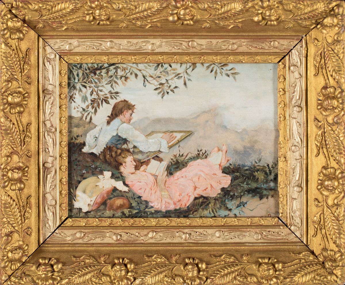 Anonimo del XIX Secolo - Lettura e Pittura "en Plein Air"