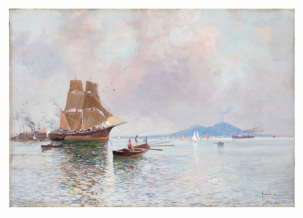 Oscar Ricciardi - A) Marina con Imbarcazioni e Vesuvio in Lontananza B) Marina con Pescatori