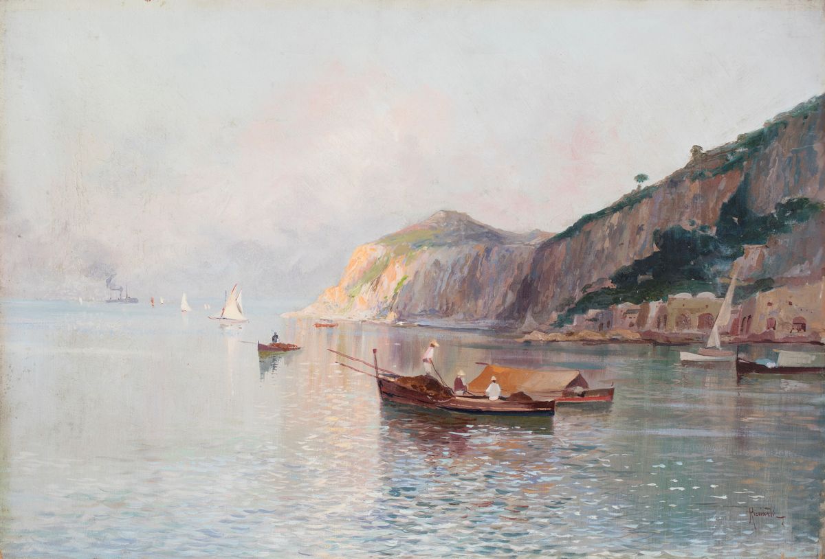 Oscar Ricciardi - A) Marina con Imbarcazioni e Vesuvio in Lontananza B) Marina con Pescatori