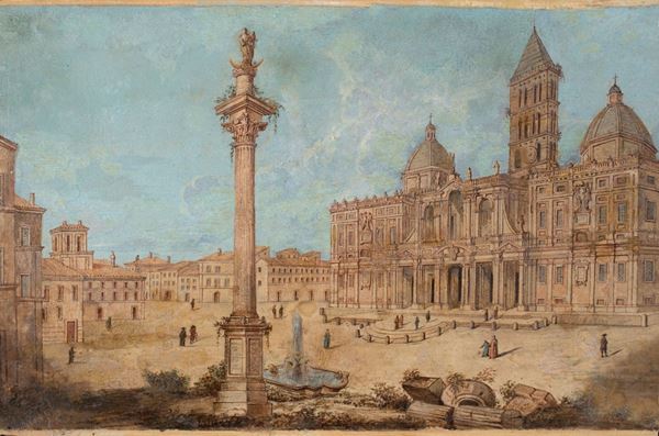 Pittore del XIX secolo - La colonna della pace e la fontana seicentesca di Carlo Maderno in piazza Santa Maria Maggiore con l&#39;omonima basilica papale