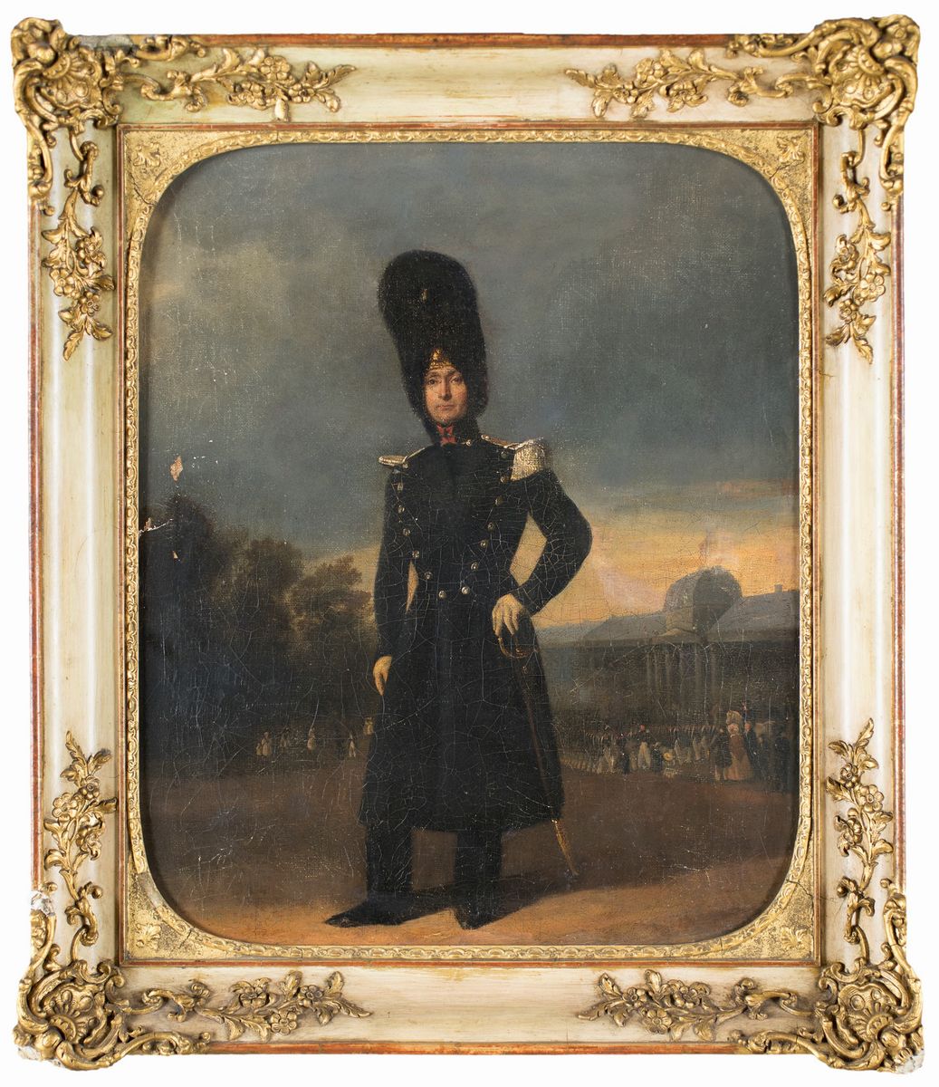 Pittore Francese del XIX Secolo - A) Ritratto di Gentildonna B) Ritratto di Ufficiale con Alto Co...