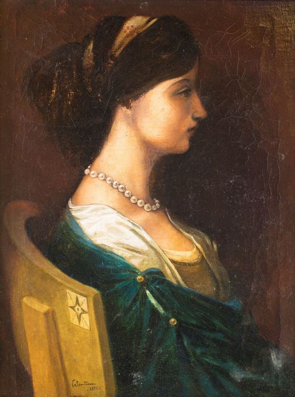 Pittore del XIX secolo - Profilo femminile con vezzo di perle
