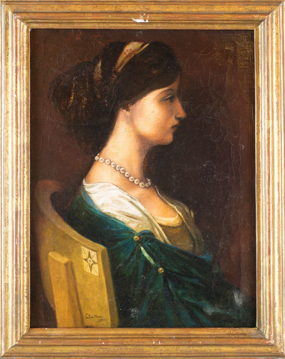Pittore del XIX Secolo - Profilo Femminile con Vezzo di Perle