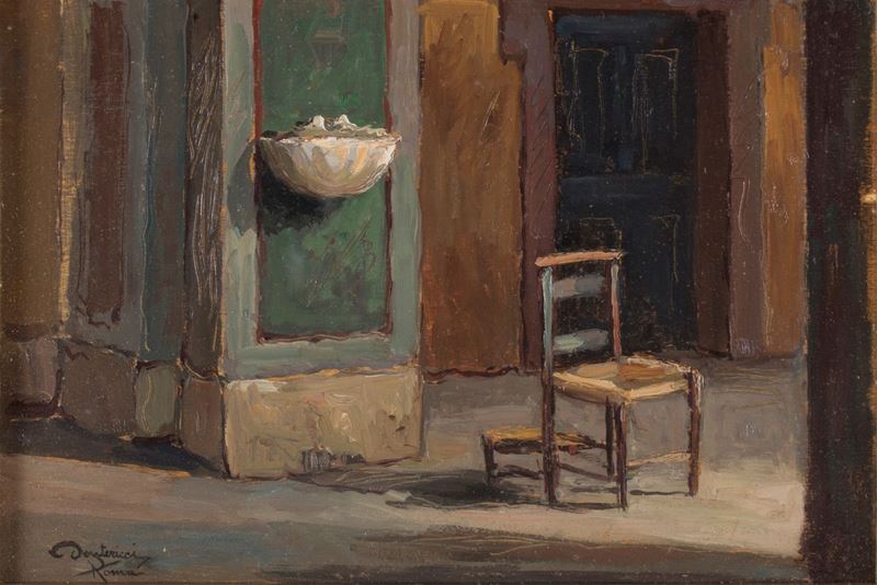 Dante Ricci - Interno di Chiesa con Acquasantiera e Sedia
