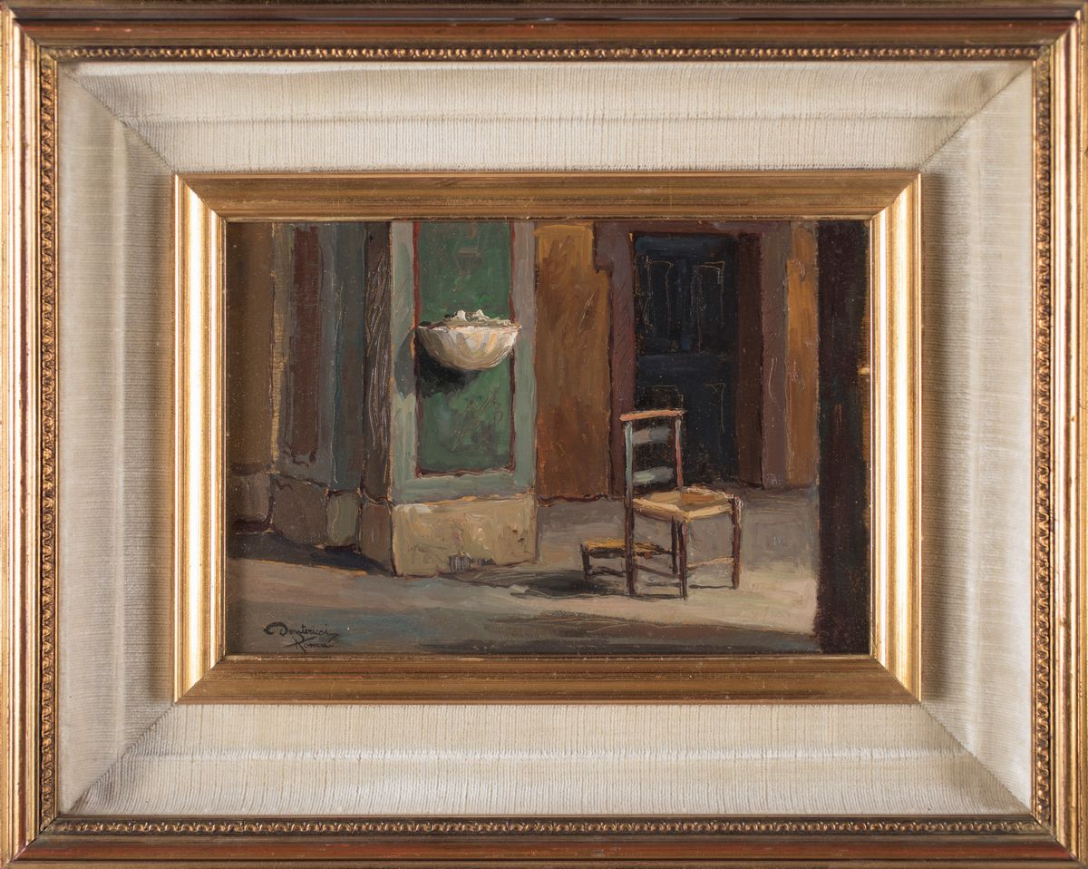 Dante Ricci - Interno di Chiesa con Acquasantiera e Sedia