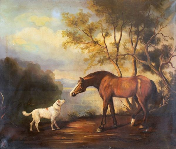 Pittore del XIX secolo - Paesaggio con cavallo e cane