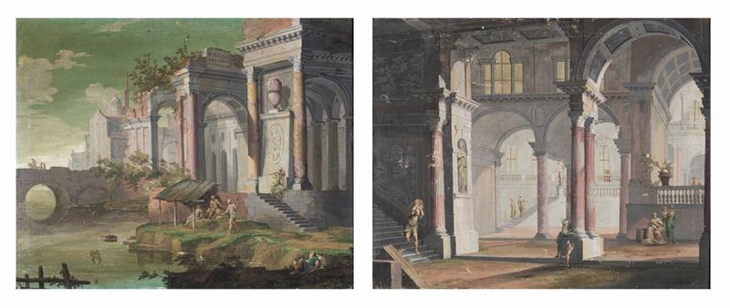 Pietro Paltronieri Detto il Mirandolese - A) Paesaggio Fluviale con Capriccio Architettonico B) I...