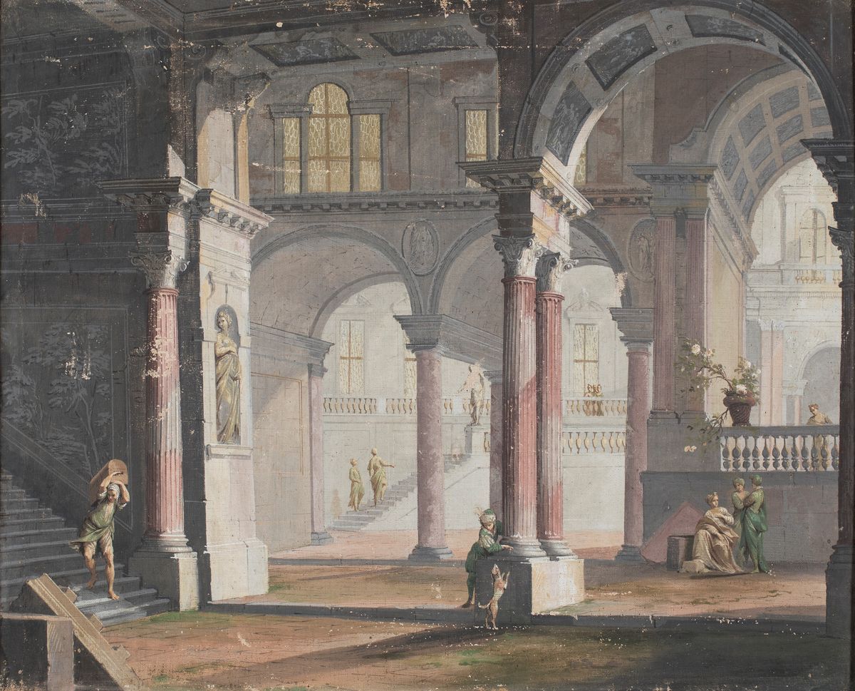 Pietro Paltronieri Detto il Mirandolese - A) Paesaggio Fluviale con Capriccio Architettonico B) I...