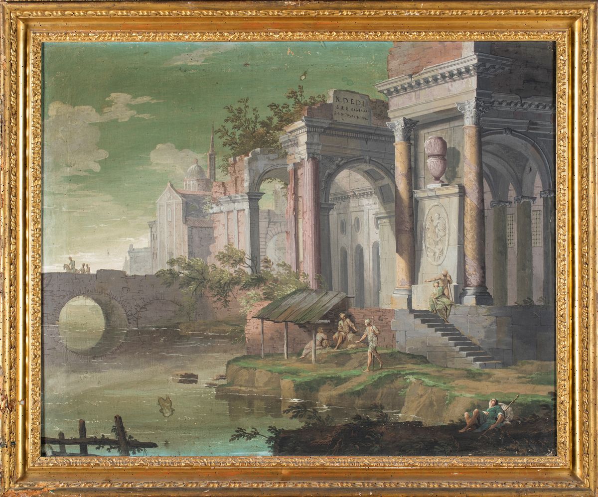 Pietro Paltronieri Detto il Mirandolese - A) Paesaggio Fluviale con Capriccio Architettonico B) I...