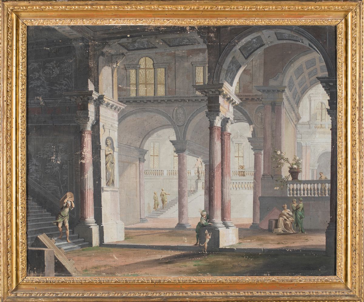 Pietro Paltronieri Detto il Mirandolese - A) Paesaggio Fluviale con Capriccio Architettonico B) I...