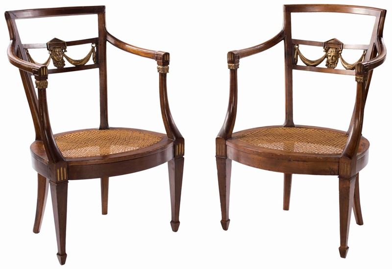 Coppia di Poltroncine in Noce D'epoca Luigi XVI, Fine del XVIII Secolo