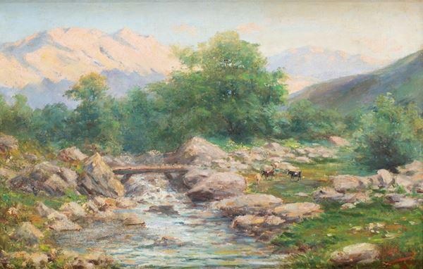 Pittore del XIX secolo - Paesaggio montano con ruscello e caprette