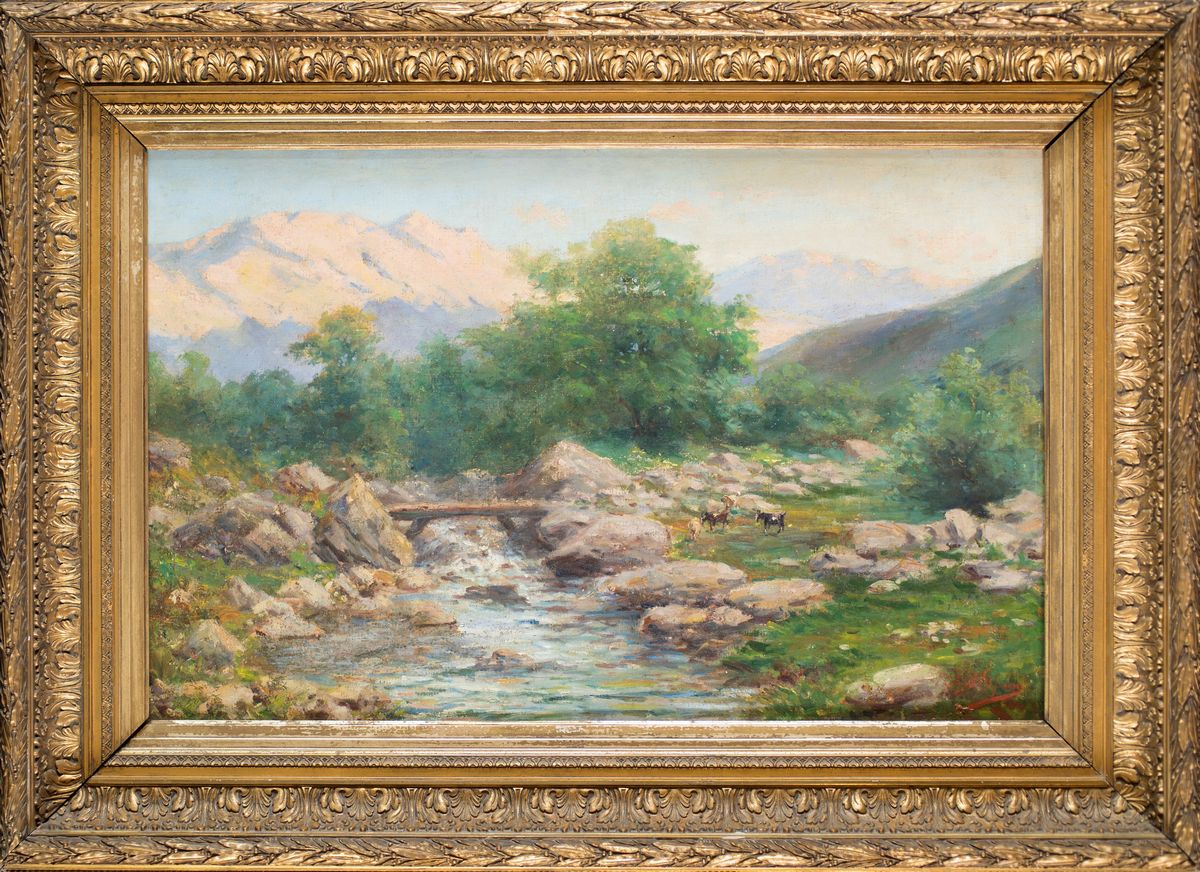 Pittore del XIX Secolo - Paesaggio Montano con Ruscello e Caprette