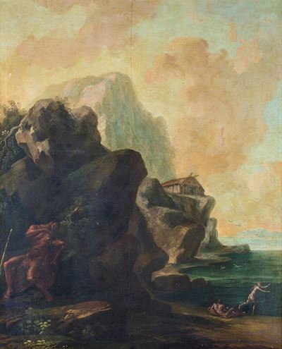 Scogliera con Ercole che Suona la Cetra e Figure Mitologiche in Lontananza