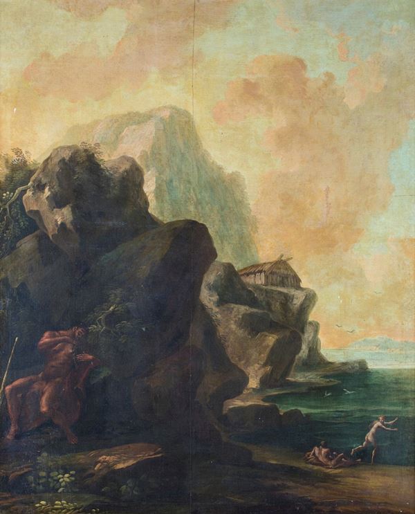 Pittore del XVIII secolo - Scogliera con Ercole che suona la cetra e figure mitologiche in lontananza 
