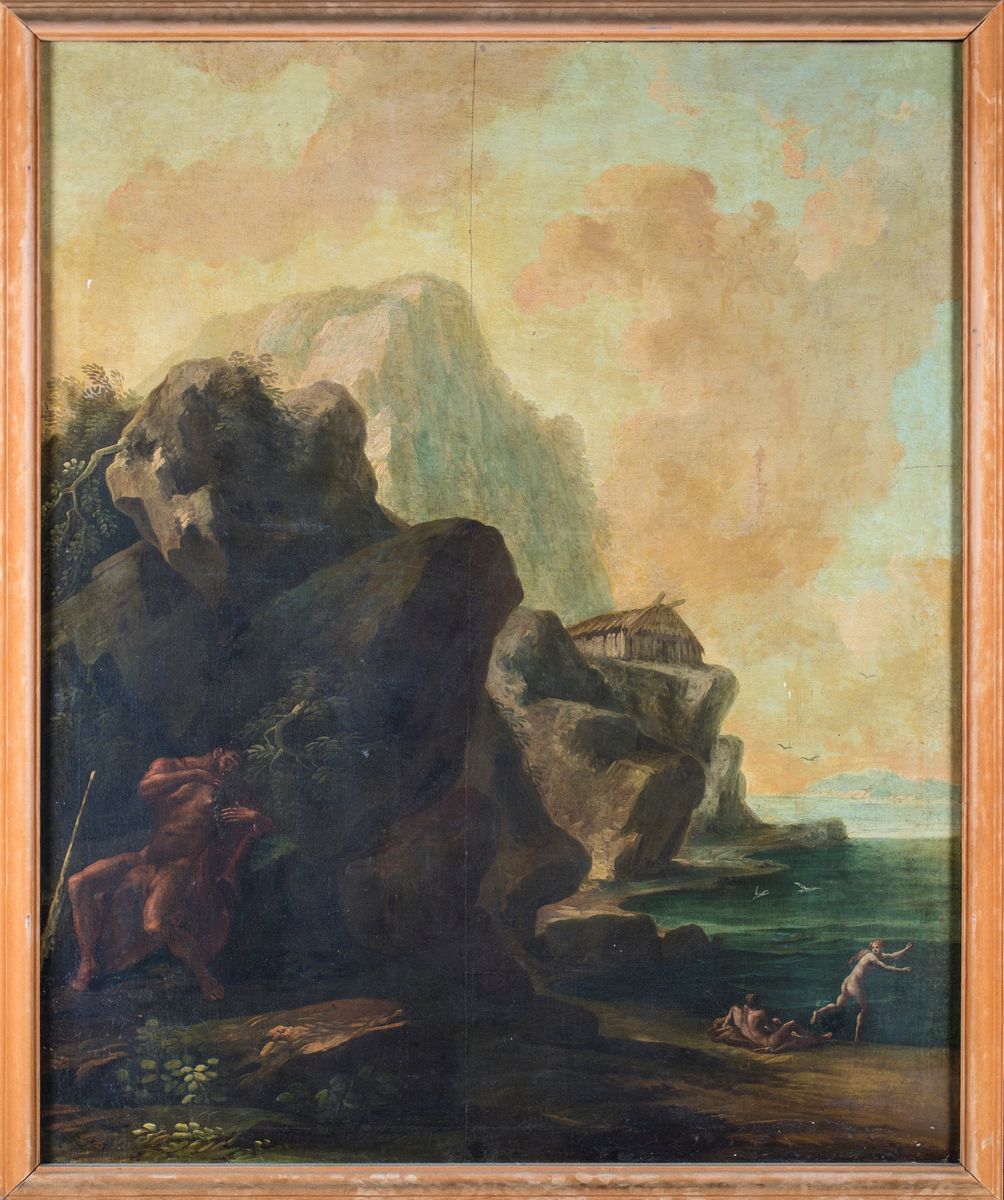Pittore del XVIII Secolo - Scogliera con Ercole che Suona la Cetra e Figure Mitologiche in Lontan...
