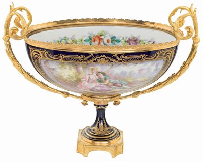 Centrotavola in Porcellana Blu e Bronzo Dorato, Sevres, XIX Secolo