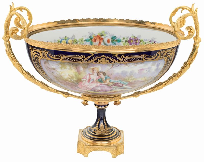 Centrotavola in Porcellana Blu e Bronzo Dorato, Sevres, XIX Secolo