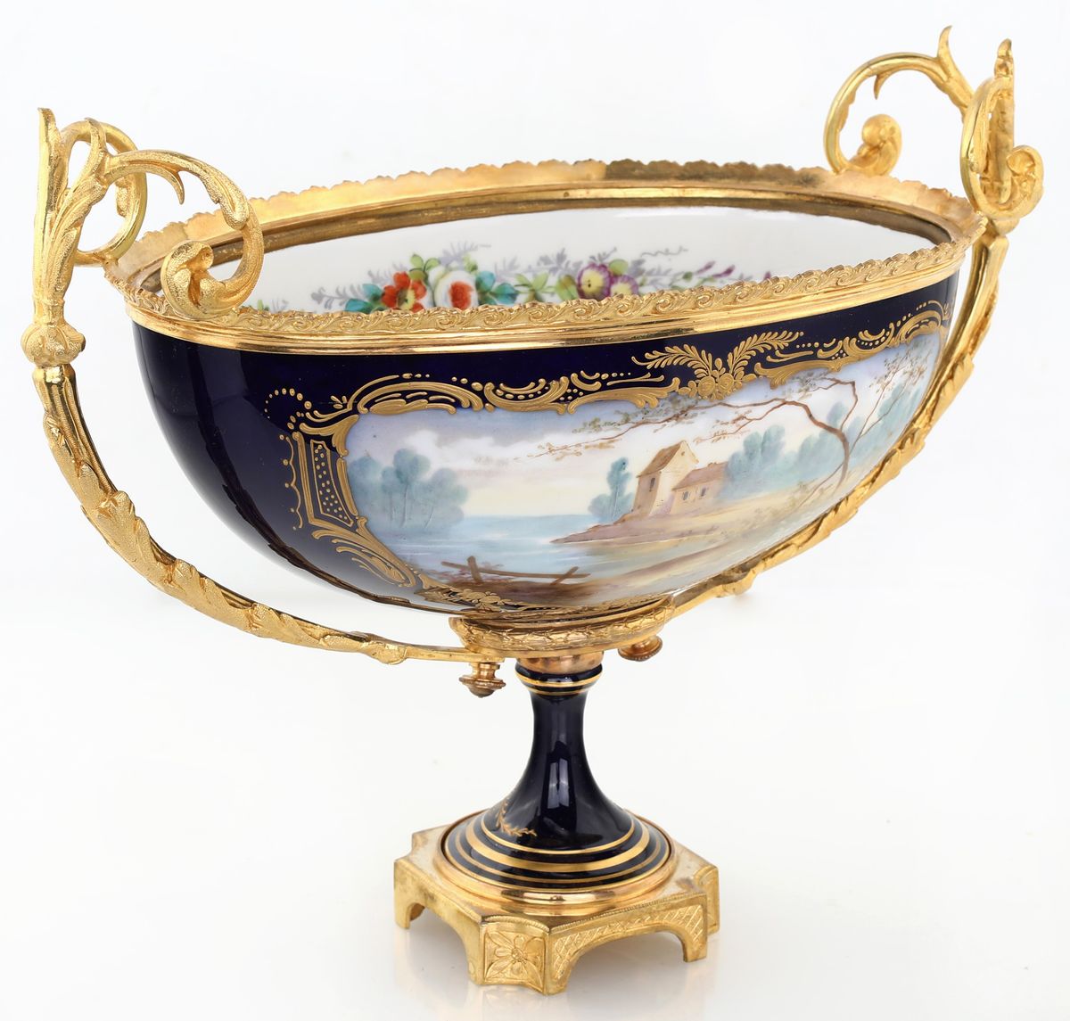 Centrotavola in Porcellana Blu e Bronzo Dorato, Sevres, XIX Secolo