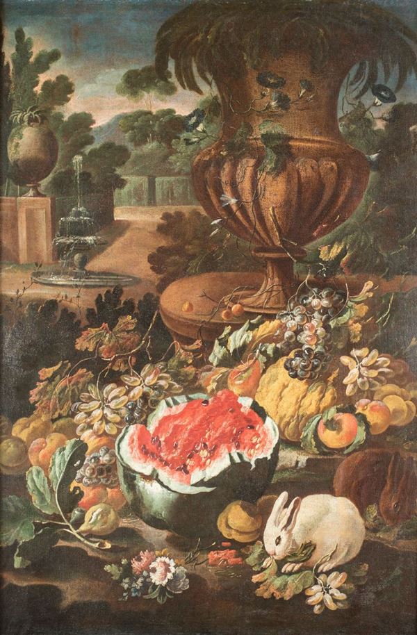 Pittore del XVIII secolo - Natura morta di frutta con anguria e coniglio