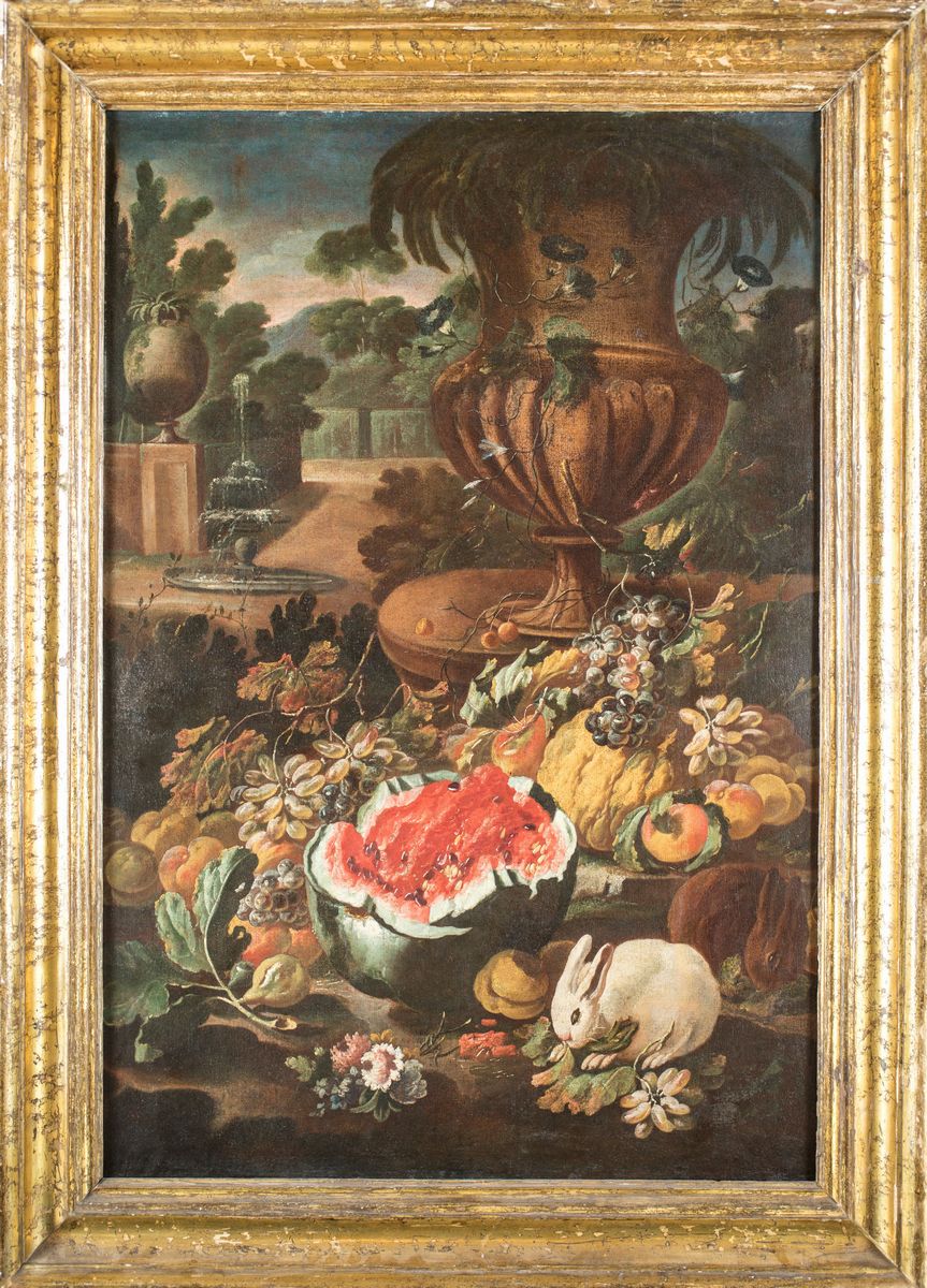 Pittore del XVIII Secolo - Natura Morta di Frutta con Anguria e Coniglio