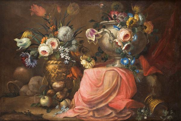 Michele Antonio Rapous - Natura morta di fiori con vasi classici e drappo rosso