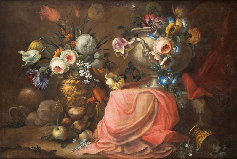 Michele Antonio Rapous - Natura Morta di Fiori con Vasi Classici e Drappo Rosso