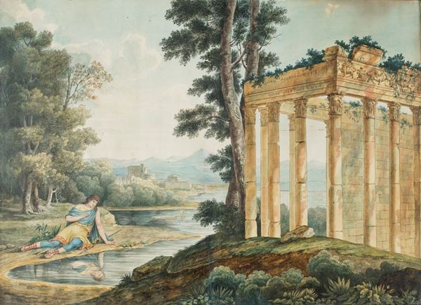 Pittore fine del XVIII secolo - Capriccio architettonico con Narciso