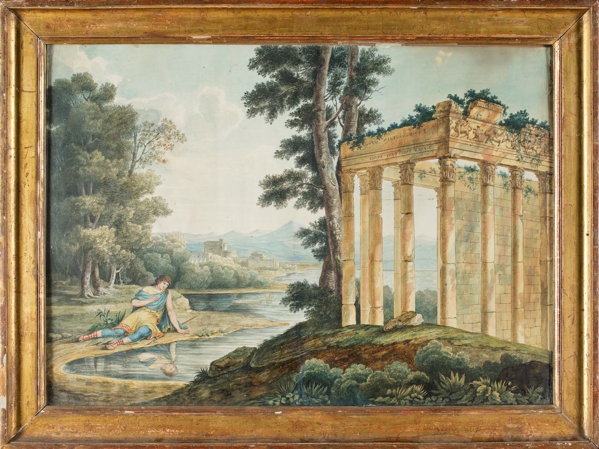 Pittore Fine del XVIII Secolo - Capriccio Architettonico con Narciso