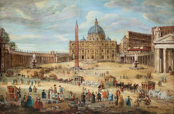 Pittore degli inizi del XIX secolo - Veduta di Piazza San Pietro con carrozze in corteo