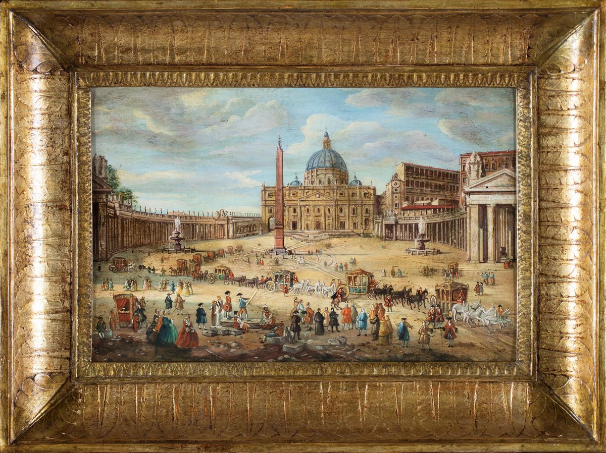 Pittore degli Inizi del XIX Secolo - Veduta di Piazza San Pietro con Carrozze in Corteo
