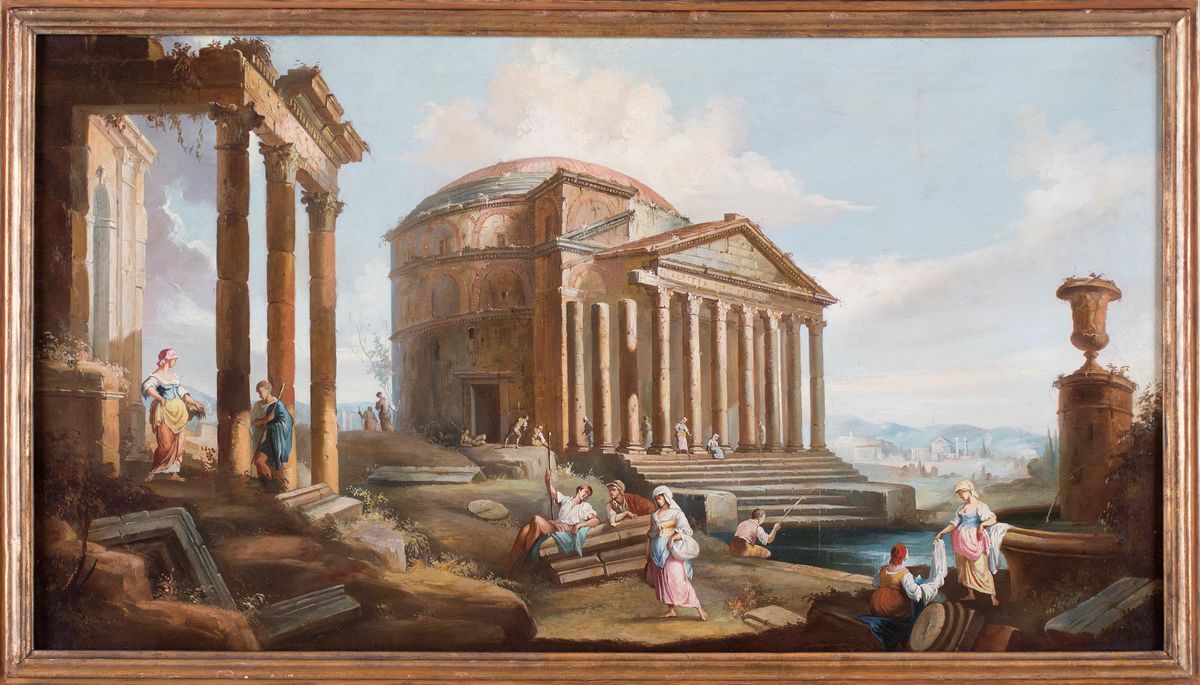 Pittore del XIX Secolo - Capriccio Architettonico con Figure