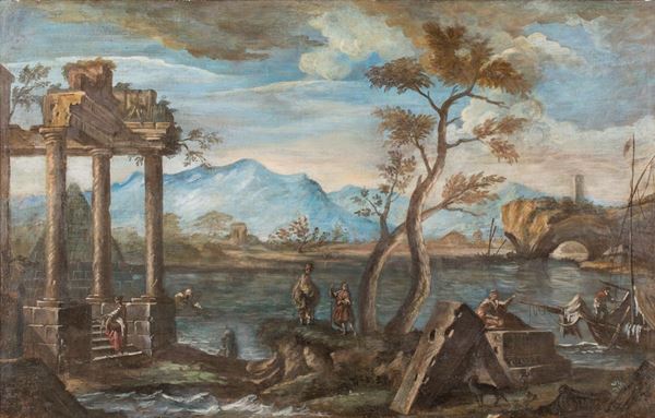 Scuola Romana del XVII secolo - Paesaggio con rovine e viandanti