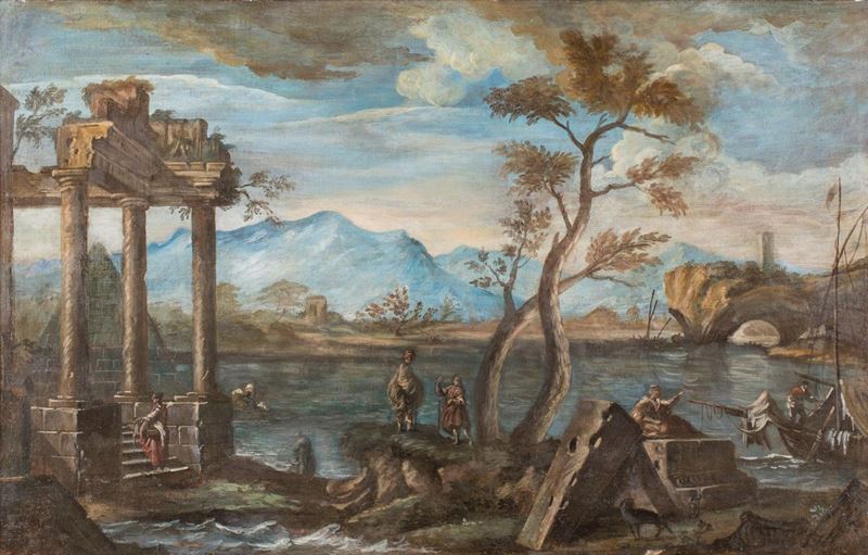Scuola Romana del XVII Secolo - Paesaggio con Rovine e Viandanti
