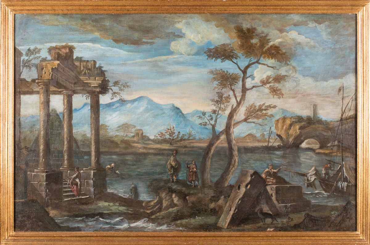 Scuola Romana del XVII Secolo - Paesaggio con Rovine e Viandanti