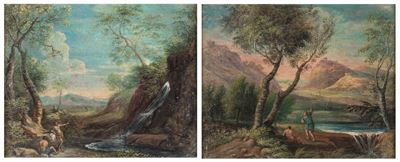 A) Paesaggio Fluviale con Cascatella e Figure B) Paesaggio Fluviale con Figure e Borgo in Lontana...