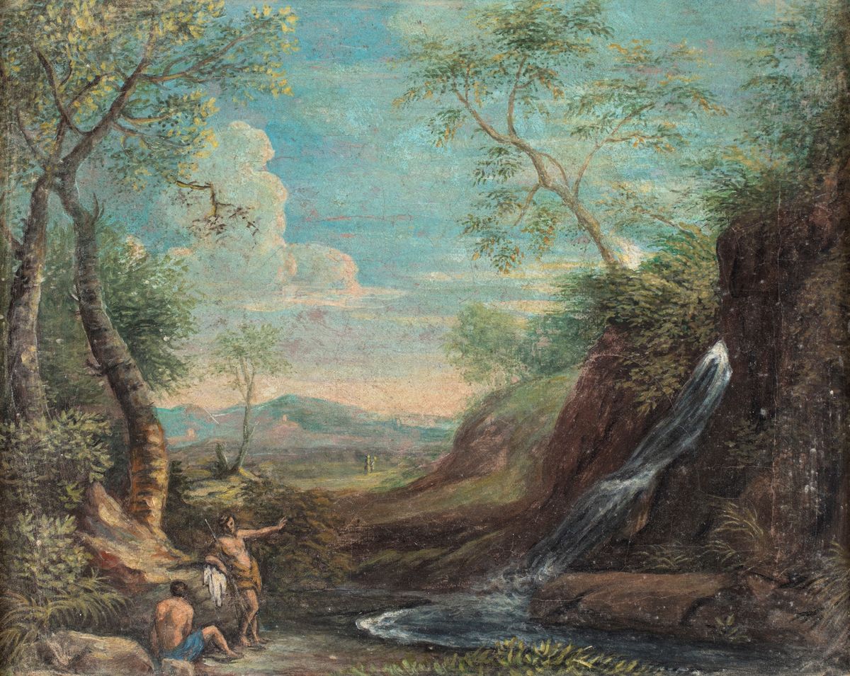 Scuola Romana del XVIII Secolo - A) Paesaggio Fluviale con Cascatella e Figure B) Paesaggio Fluvi...