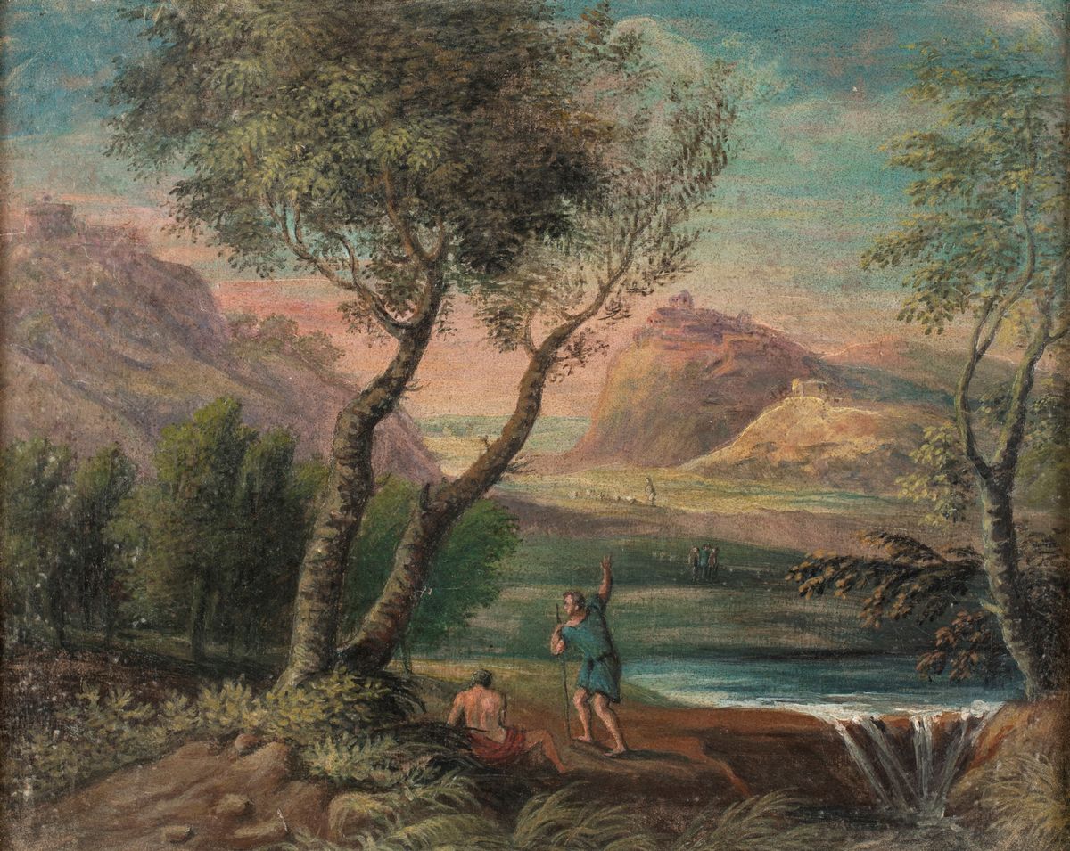 Scuola Romana del XVIII Secolo - A) Paesaggio Fluviale con Cascatella e Figure B) Paesaggio Fluvi...