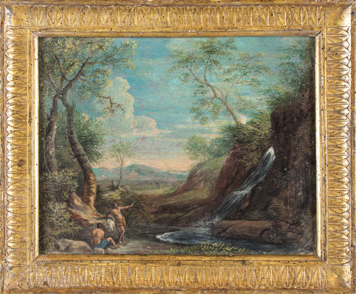 Scuola Romana del XVIII Secolo - A) Paesaggio Fluviale con Cascatella e Figure B) Paesaggio Fluvi...