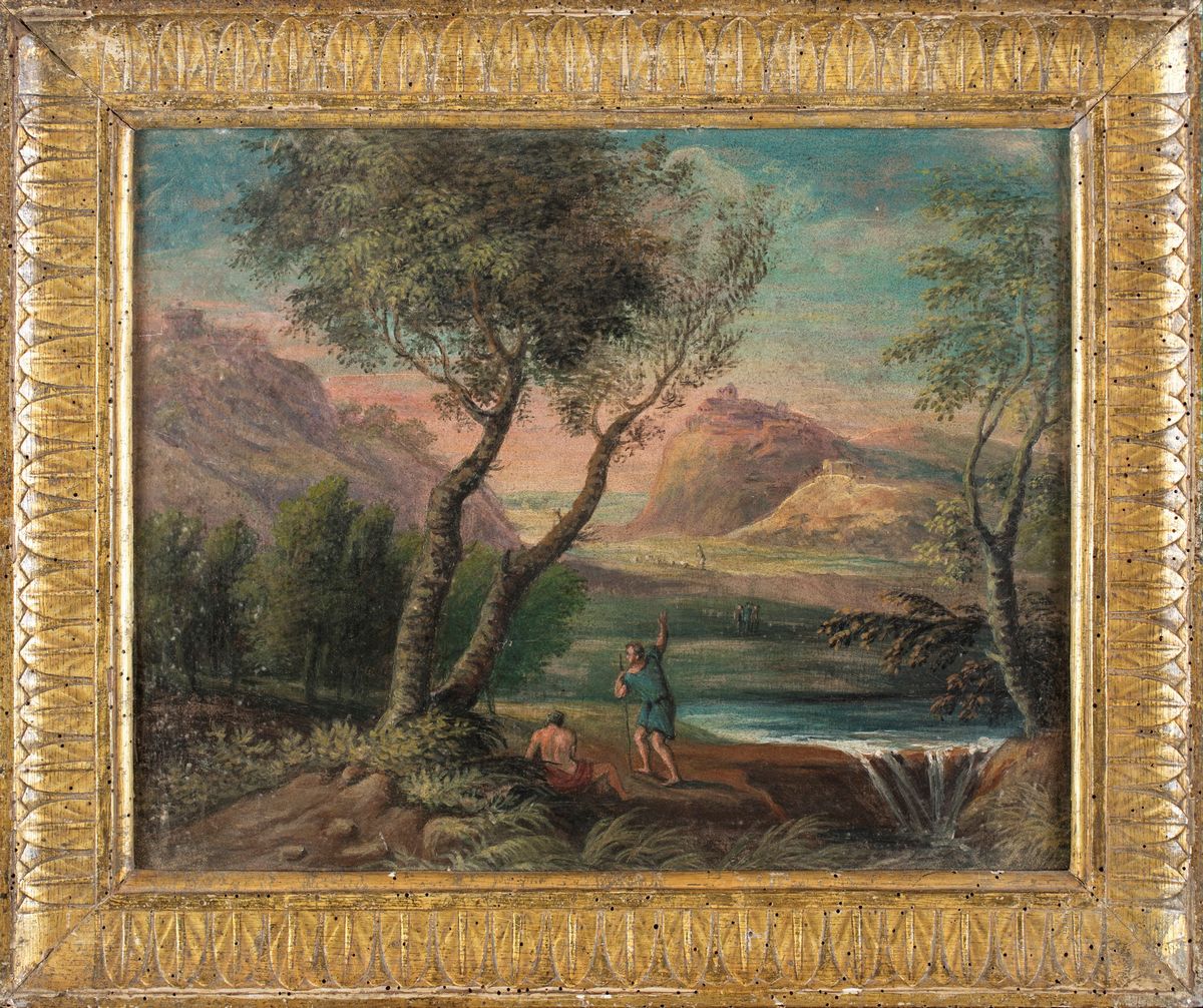 Scuola Romana del XVIII Secolo - A) Paesaggio Fluviale con Cascatella e Figure B) Paesaggio Fluvi...