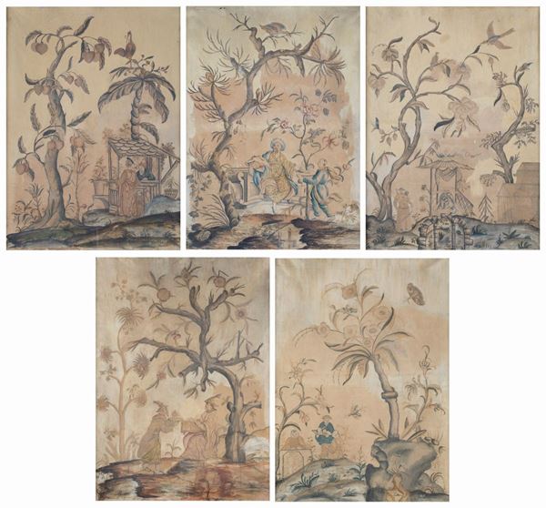 Cinque pannelli a chinois&#233;ries, XVIII secolo