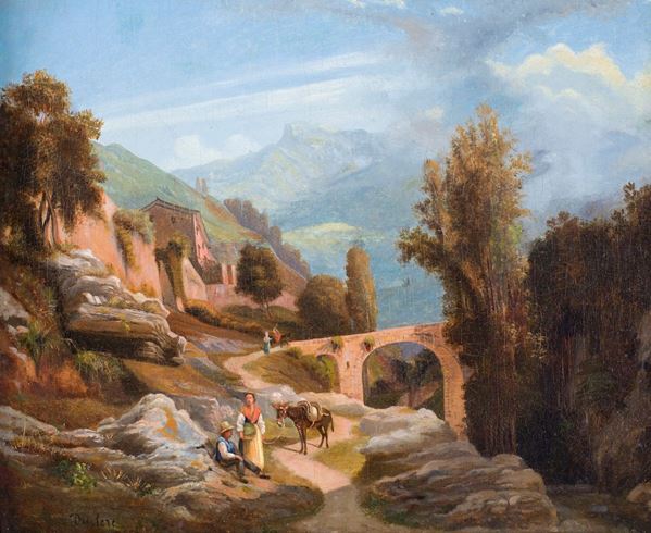 Pittore del XIX secolo - Paesaggio con arco e viandanti