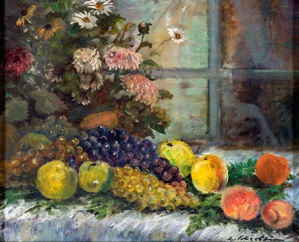 Pittore della fine del XIX secolo - Natura morta di fiori e frutta